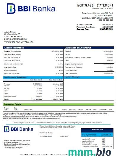 Bośnia i Hercegowina Bank BBI wyciąg z kredytu hipotecznego szablon Word i PDF